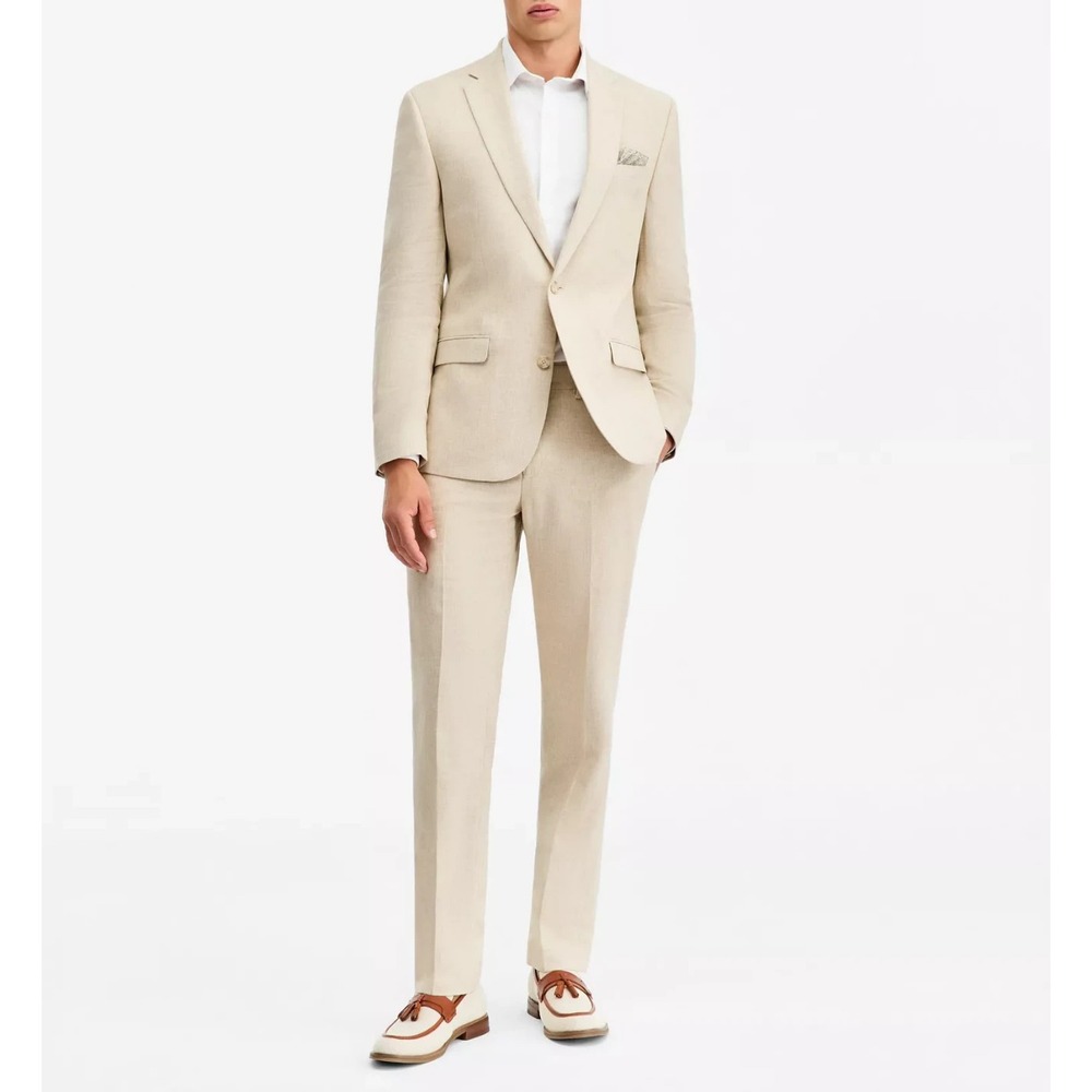 Bar III Men's Beige Slim-Fit Linen 2-Piece Jacket Pants Suit Size 38R 32W 34L